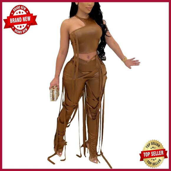 Pants - Sexy 2 Piece Bodycon Set, Polyester Spandex, Sleeveless Crop Top & Split Pants